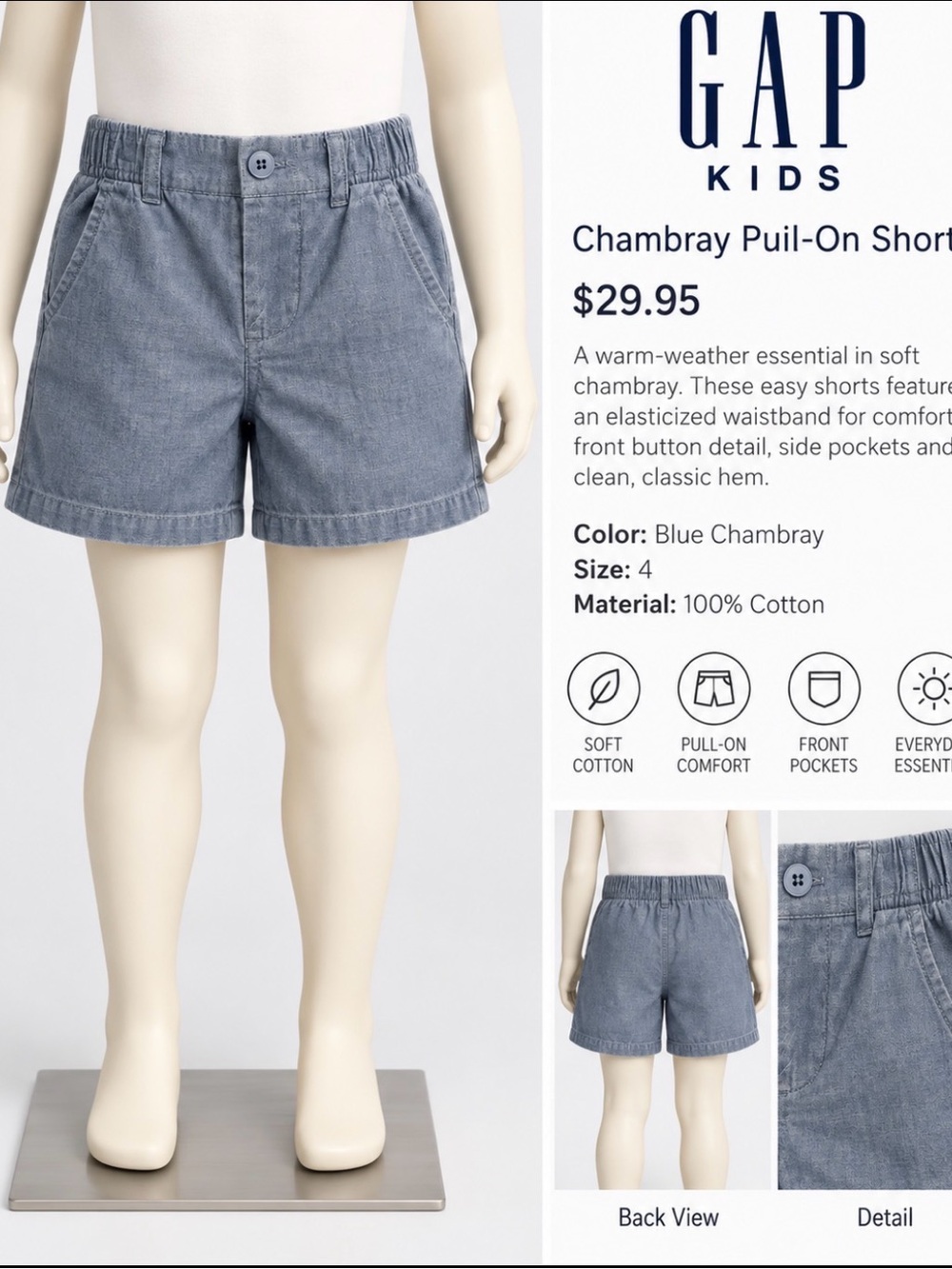 GAP Girl’s Light Blue Chambray Pull-On Shorts, Size 4
